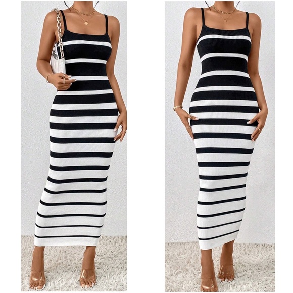 Fitted Striped Color Block Sexy Midi Dress - Picture 1 of 6